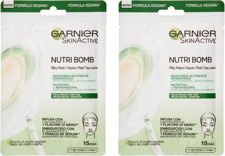 GARNIER Skin Active Nutri Bomb Milky Mask Tissu Reparadora máscara de tecido com leite de amêndoa ecológico e ácido hialurónico para peles secas e alças, 28 g x 2