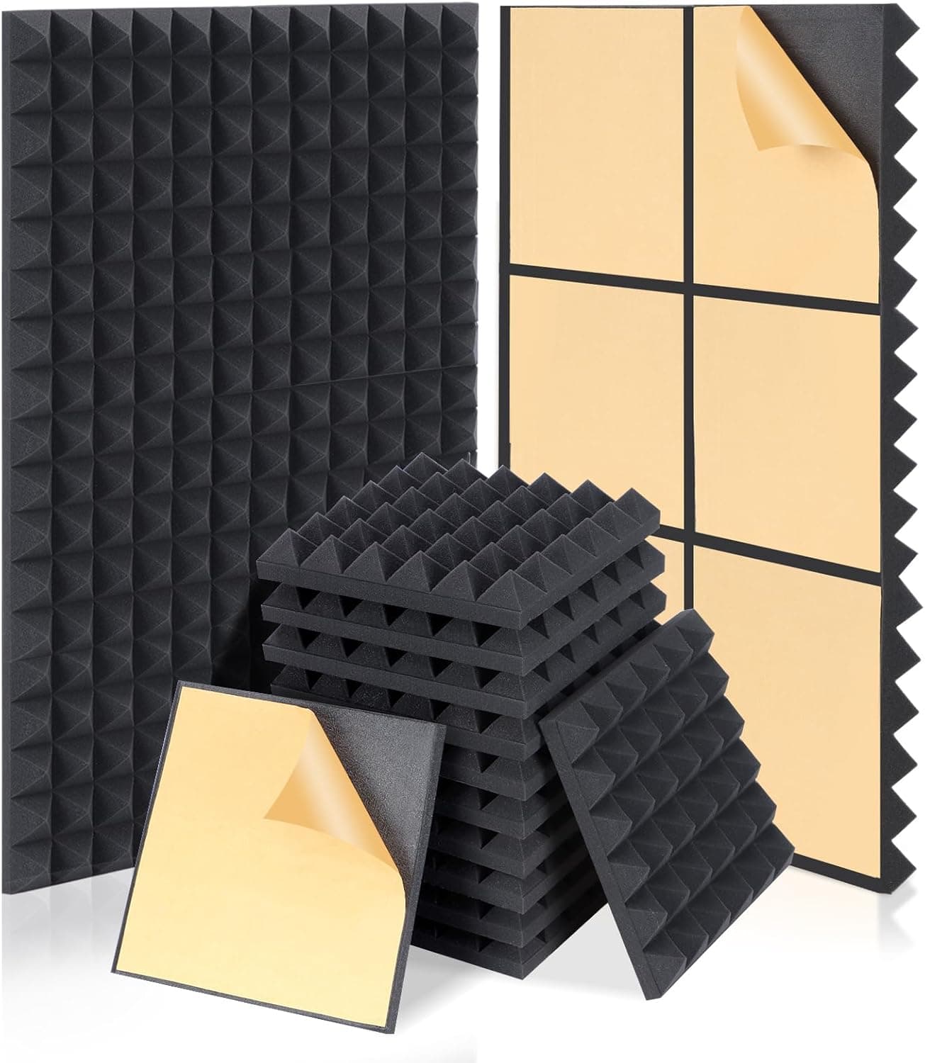 HERTBER - Pacote de 24 painéis de insonorização de 12 x 12 x 2 polegadas, painéis de parede acústicos autocolantes com cola forte, painéis acústicos de alta densidade para absorção sonora