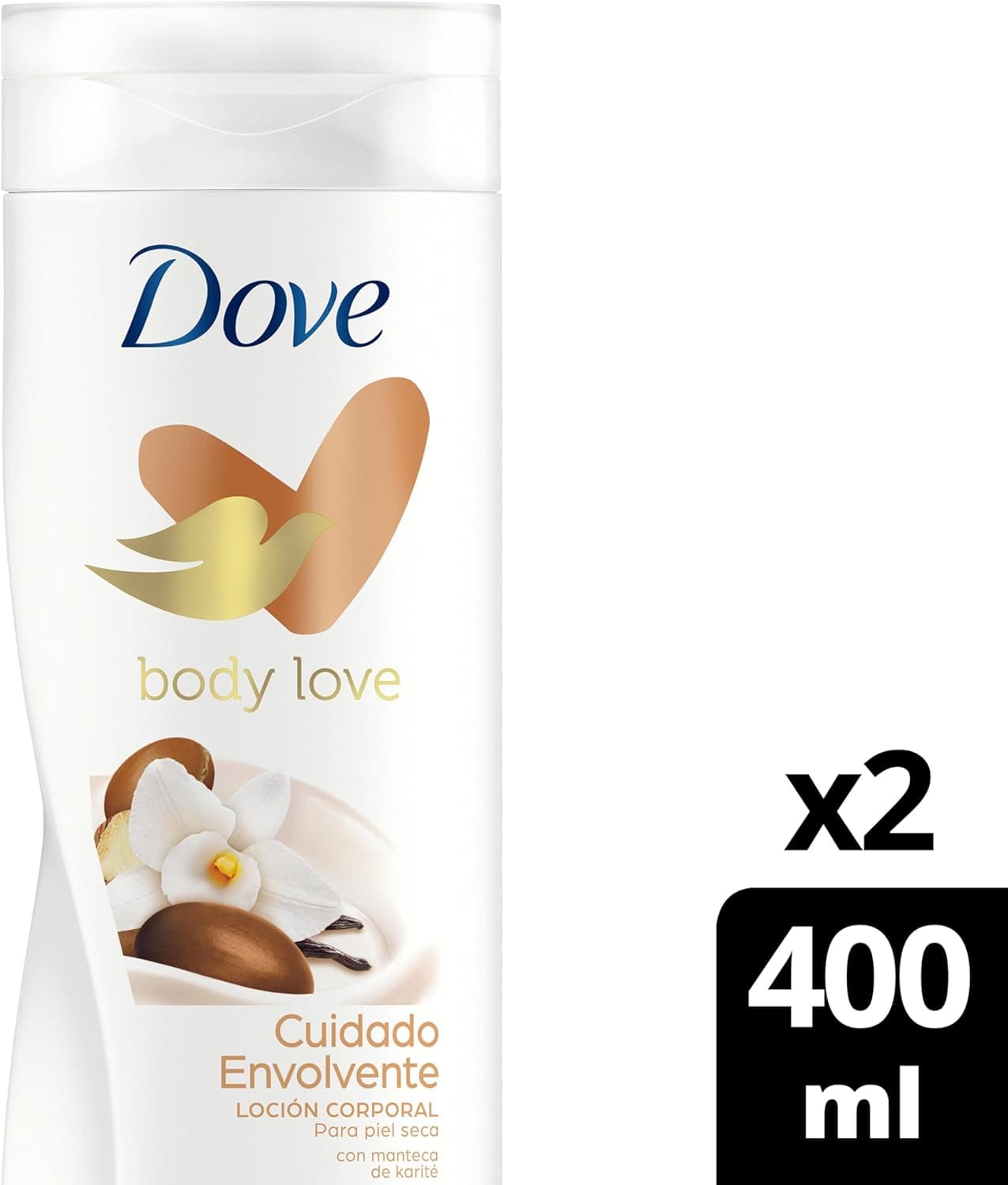 Dove Pacote de poupança de creme hidratante corporal com manteiga de katiré e baunilha para pele seca, pack de 2 x 400 ml