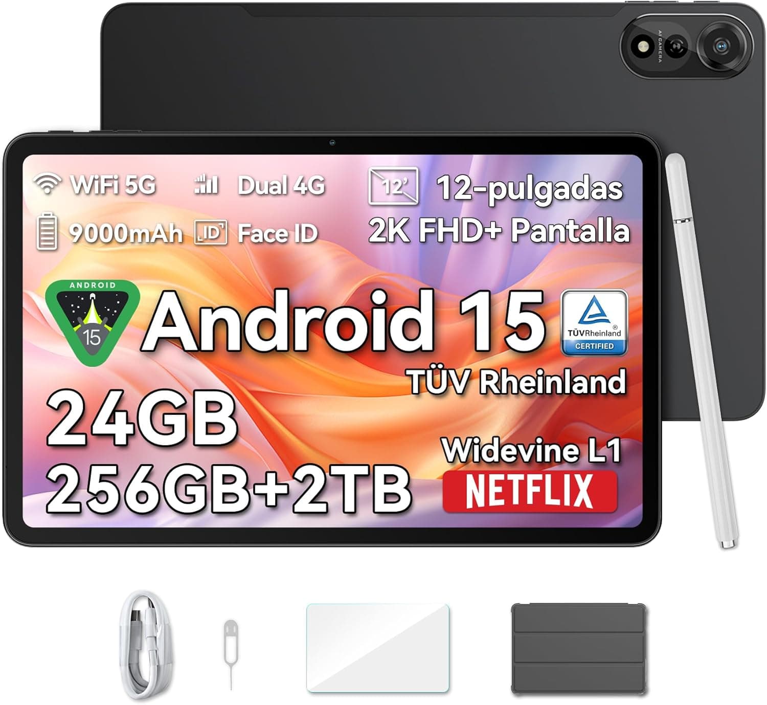 Blackview Mega 2 Android 15 Tablet de 12 polegadas FHD+ 2K, duplo 4G LTE & 5G WiFi, 24 GB RAM + 256 GB ROM/2TB TF Cameras Dual AI 9000 mAh Widevine L1/GPS/Face ID/WPS/PC Mode com P/PC protetor & Lápis