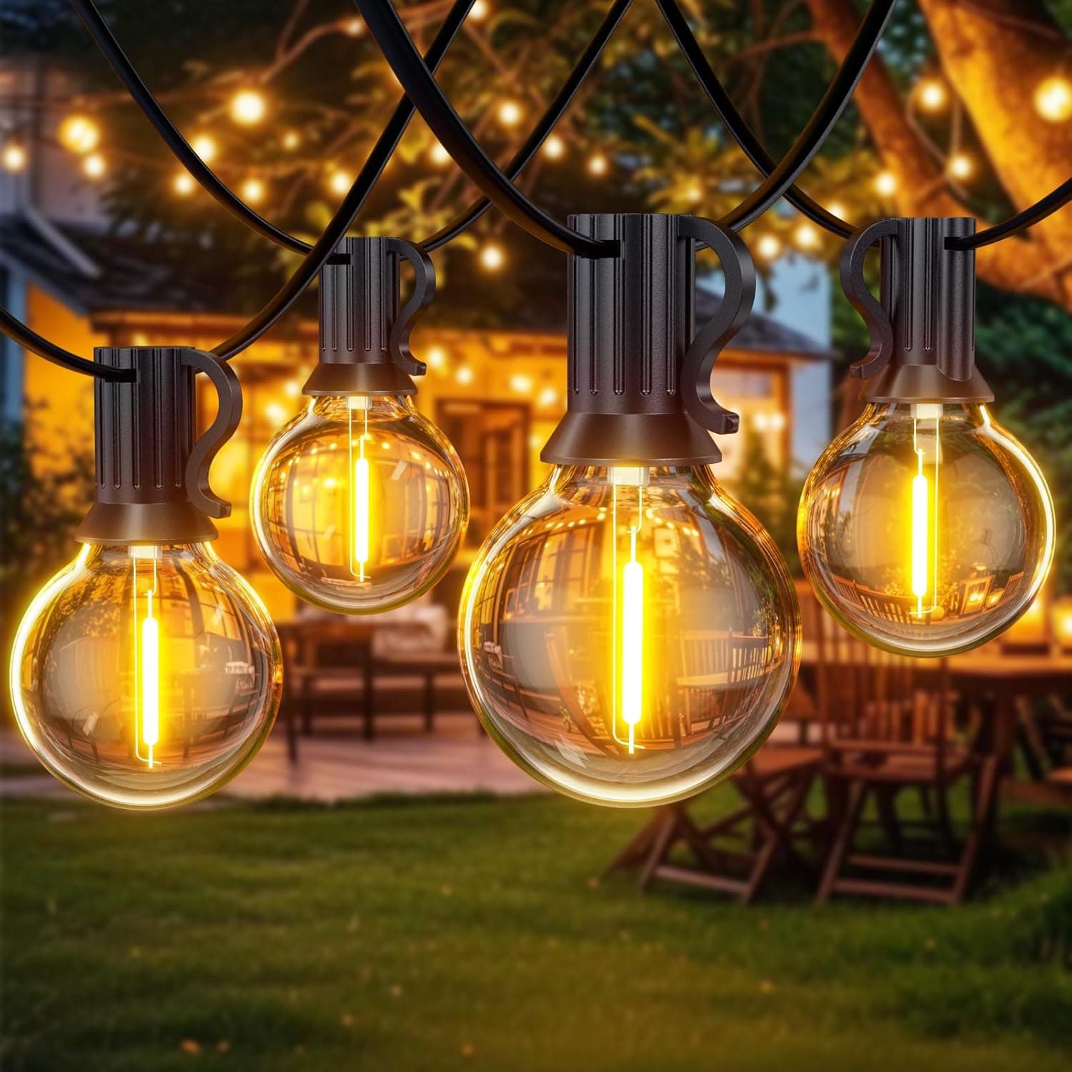 Guirlanda de luzes exteriores, 30 m, 24 V luzes LED exterior e jardim com 50 + 2 lâmpadas, impermeável luzes de jardim para terraço, café, coberturas, casamentos