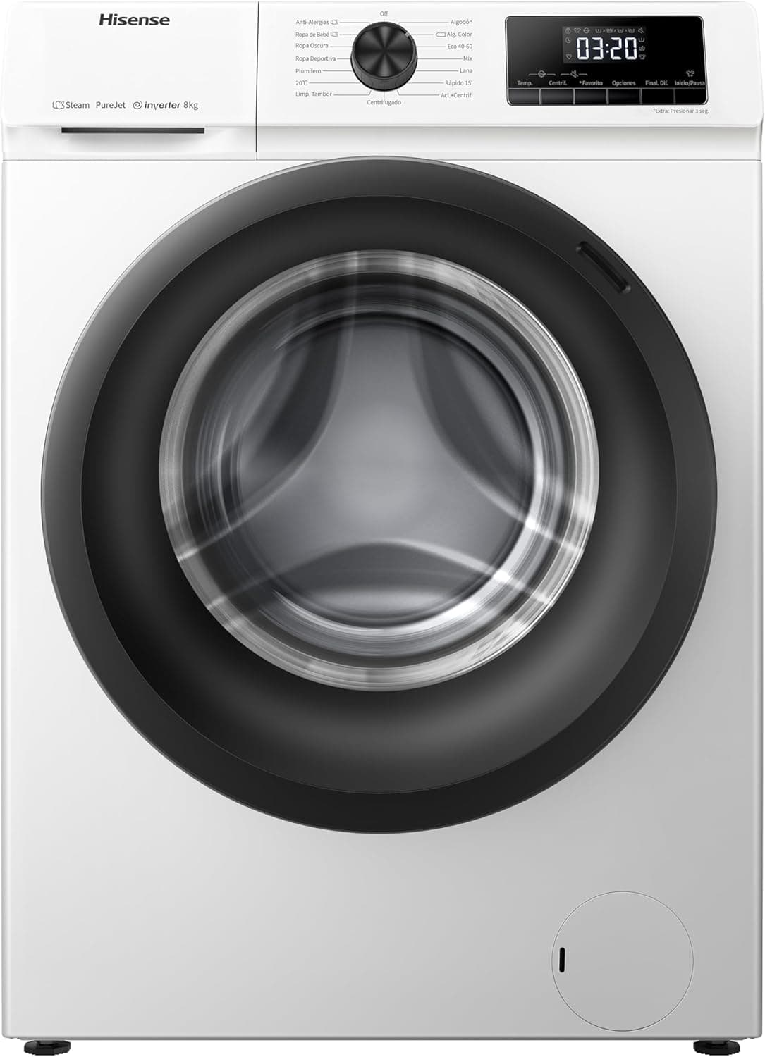 Hisense WFQE8014EVJM Máquina de lavar 8 kg, 1400 rpm, 15 programas automáticos, vapor, motor inverter, classe eficiência de lavagem A, ecrã LED, programa rápido, PureJet, branco