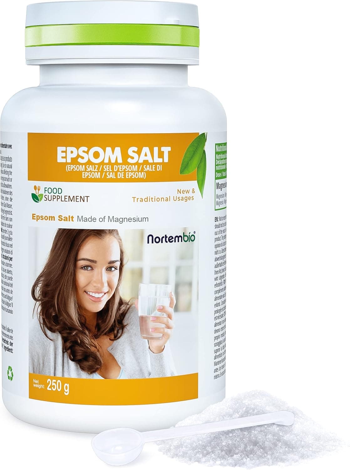 Nortembio Sal de Epsom alimentar 250 g. Sulfato de magnésio para tomar. Sal de figueira. Sal inglês para limpeza de fígado. Cacito doseador incluído.