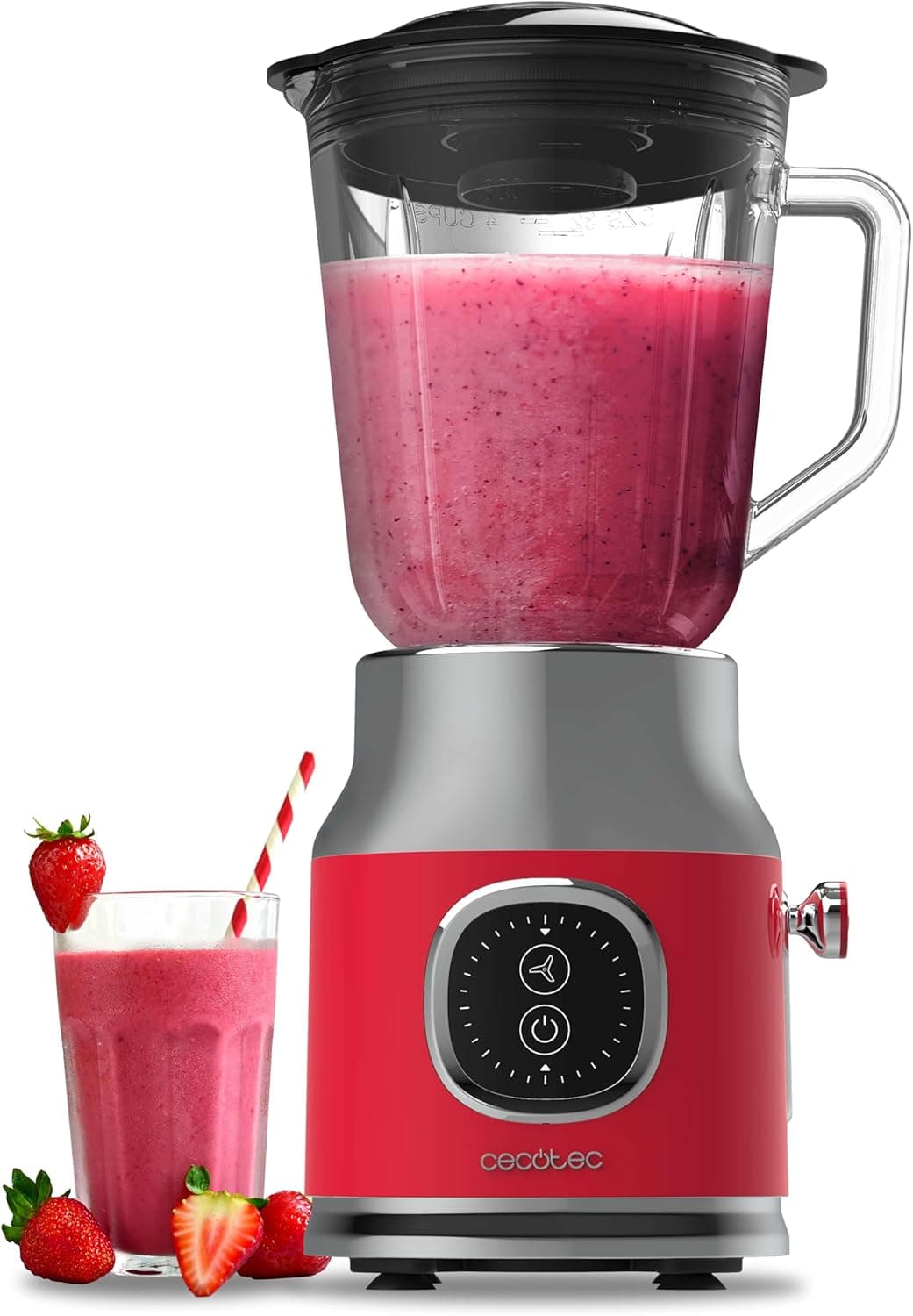 Cecotec Liquidificadora retro Twist Red. 800 W de potência máxima, função de pulso, lâmina de 4 folhas com revestimento de titânio preto e jarro com 1 L