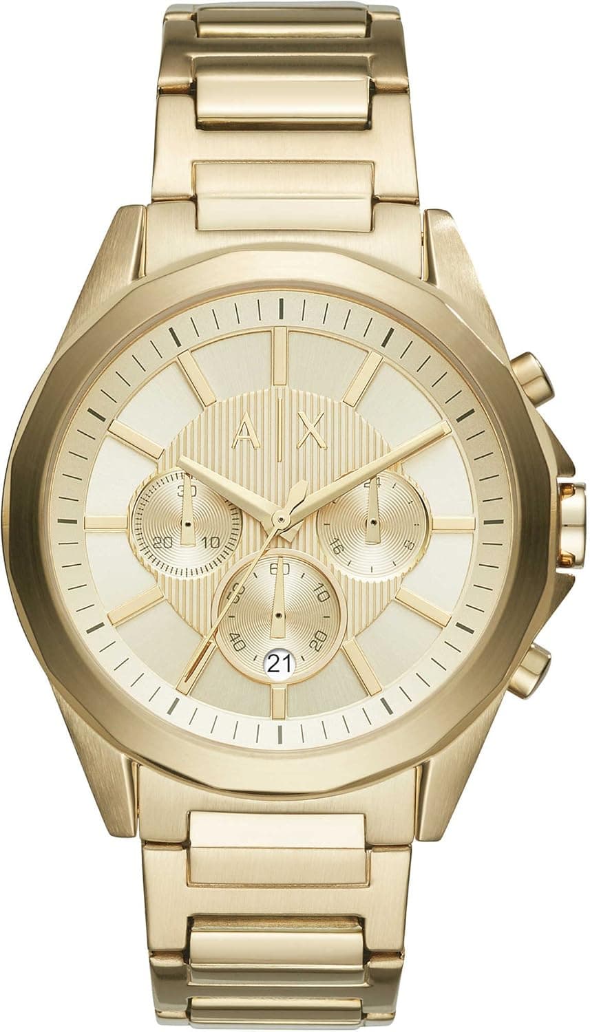 Armani Exchange Relógio para homem, movimento de cronógrafo, caixa de aço inoxidável dourada de 44 mm com correia de aço inoxidável, AX2602, tom dourado, Tom dourado, Luxo