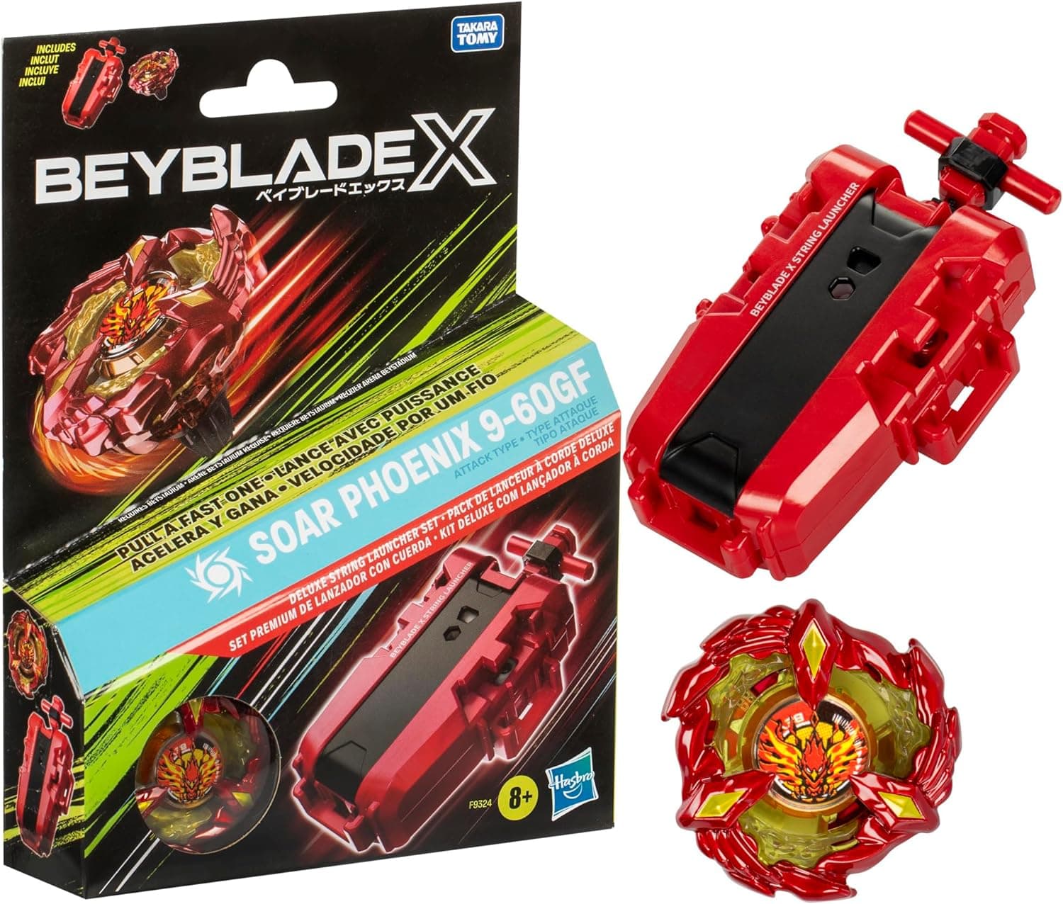 Beyblade X, conjunto premium de lançador com cordão e top Soar Phoenix 9-60GF, trompo de brinquedo, peonza para o jogo de competição