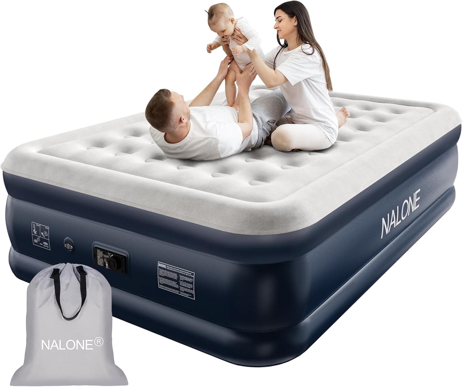 NALONE Colchão insuflável, cama insuflável com bomba de enchimento incorporada apenas 3 minutos, convidados ou uso em casa, 203 x 152 x 46 cm, peso máximo: 312 kg, cama de casal