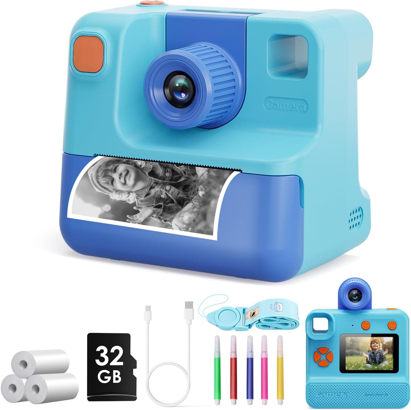 Câmara instantânea infantil 1080P, com cartão SD de 32 GB, marcadores e papel de impressão
