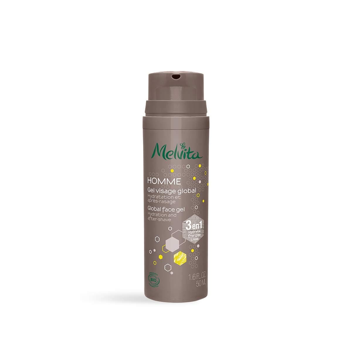 Melvita - Cuidado facial homem - Energizante 3 em 1 - Hidrata, revitaliza, reafirma a pele - 99% Natural - Certificado Bio - Fórmula vegana - Frasco 50 ml