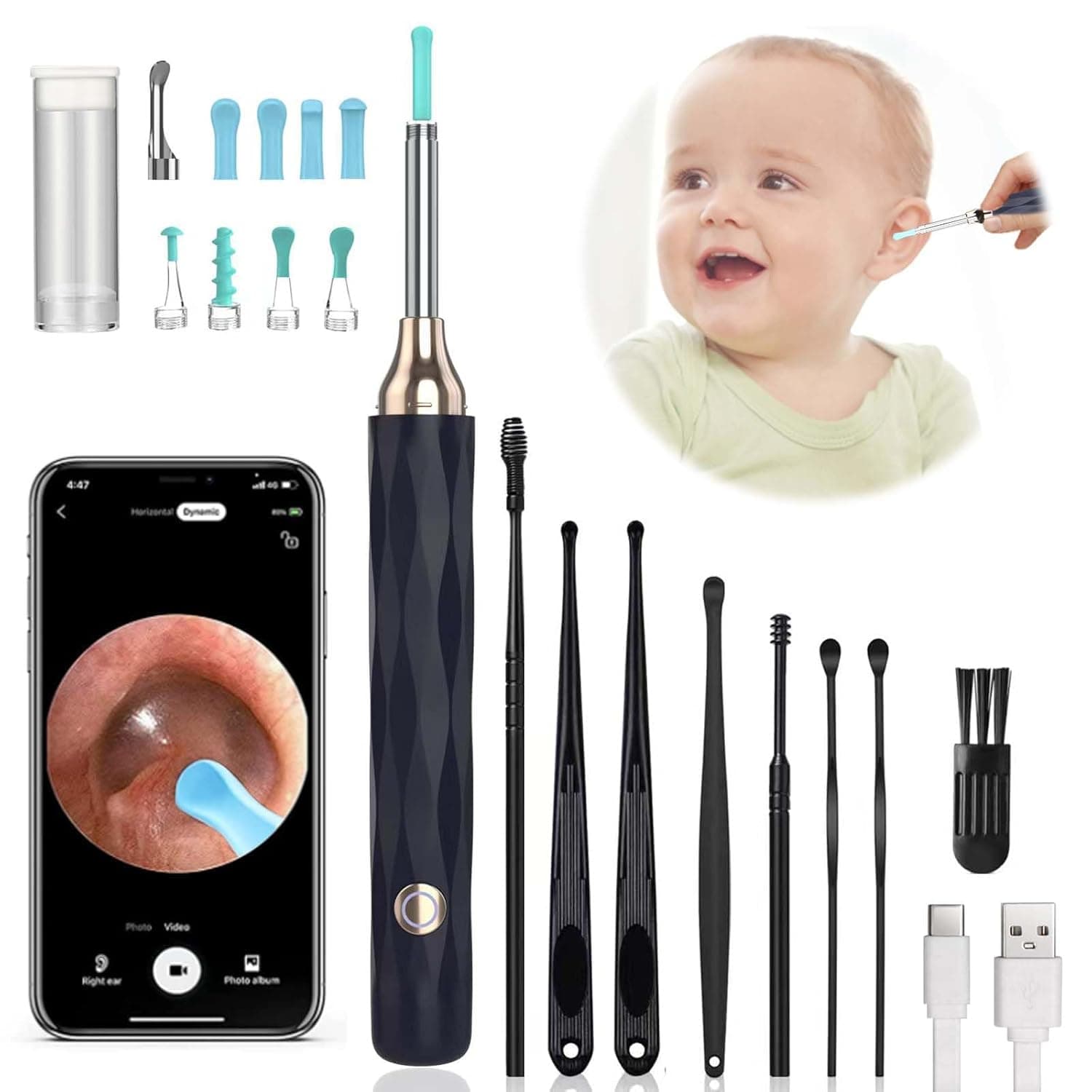 Otoscópio para ouvidos, câmera 1080P HD Wifi com 6 luzes LED, kit de limpeza de ouvidos para remoção de cera, para iOS e Android