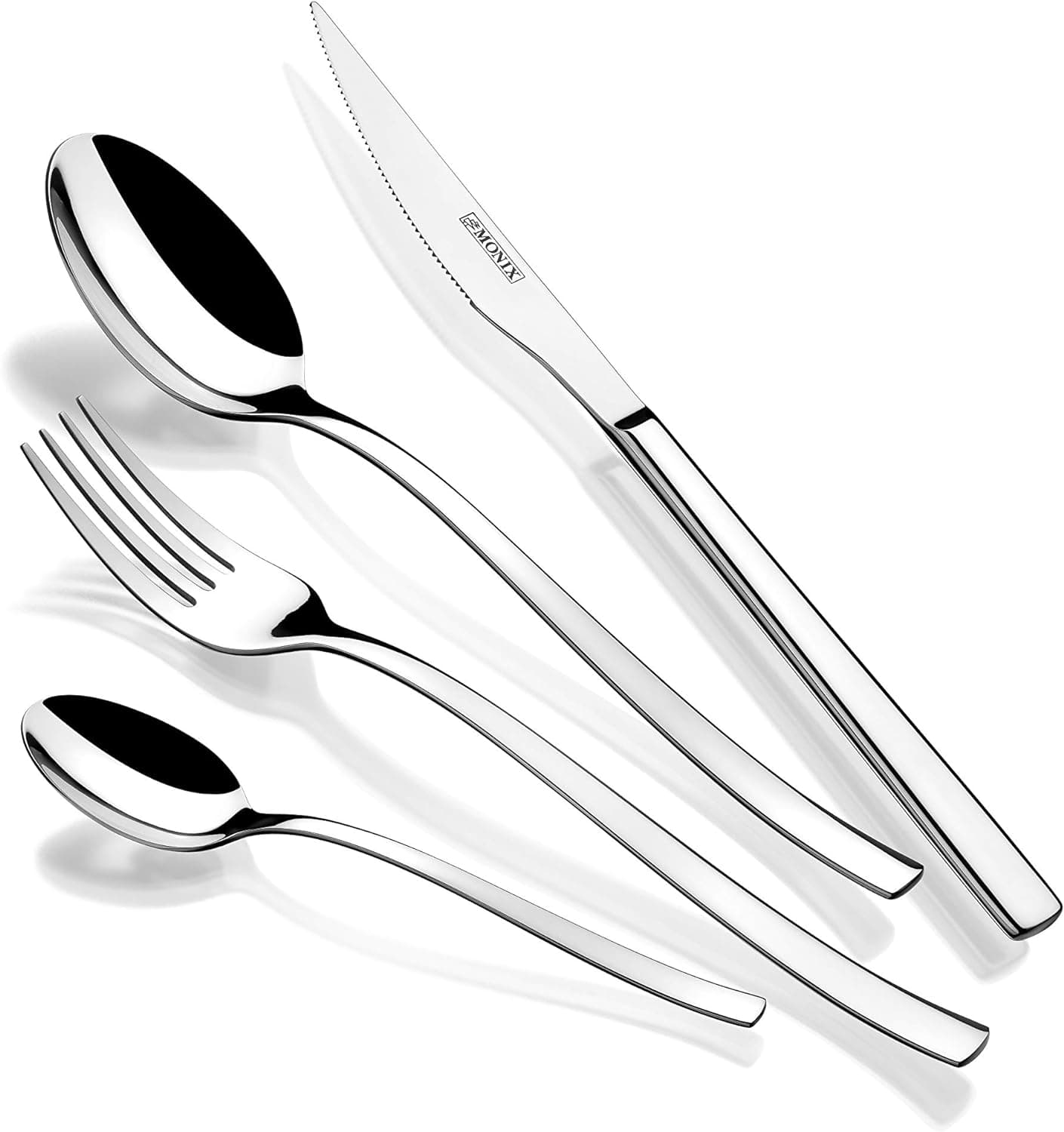 MONIX Génova Conjunto de talheres de 24 peças com faca de costeleta, aço inoxidável 18/10, design moderno e moderno, acabamento polido brilhante, espessura de 2,5 mm (6 comensais), prateado