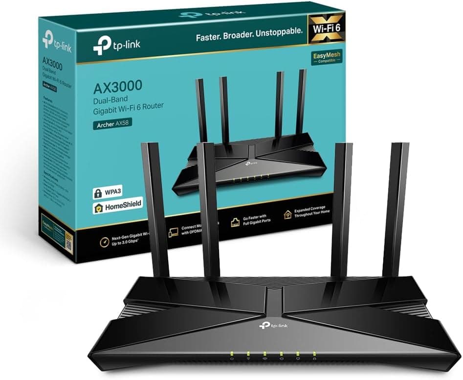 TP-Link Archer AX58 Router WiFi 6 AX3000, banda dupla 2,4 Ghz/5 Ghz, 1 x WAN/4xLAN Puertp Gigabit, WPA3, OFDMA, WPS, latência ultra-baixa, HomeShield, tecnologia OneMesh