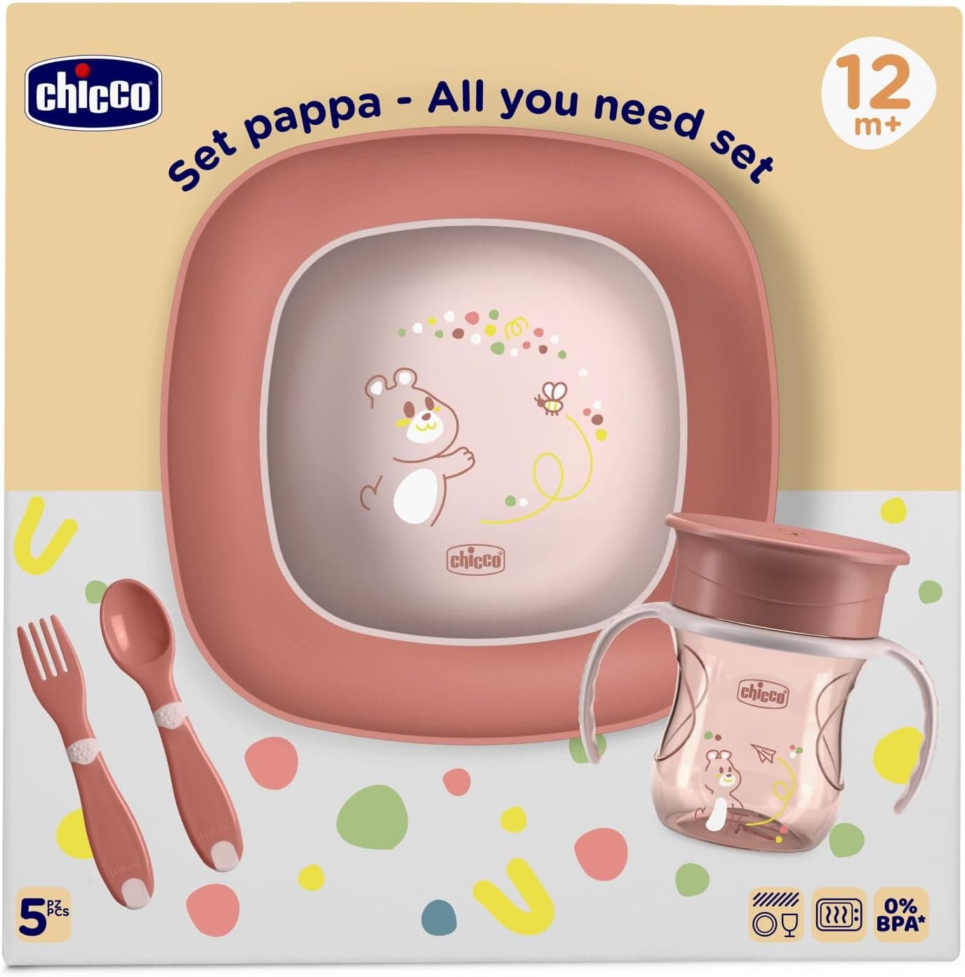 Chicco Conjunto de alimentos, contém 1 copo, conjunto de 1 tigela e 1 prato plano e talheres, garfo e colher, conjunto desmame crianças, 12 m +, rosa