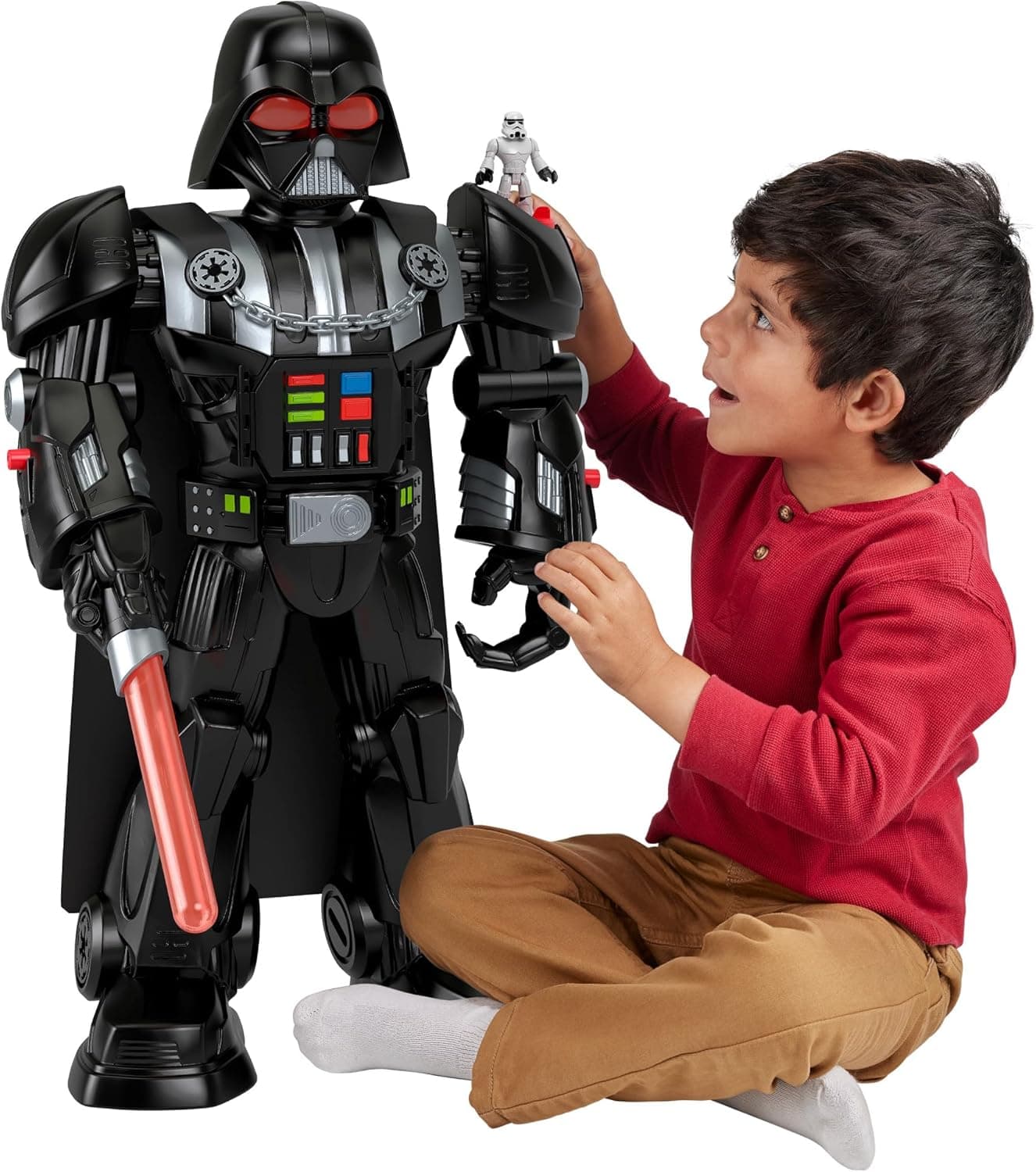 Fisher-Price Imaginext Star Wars Robot de Darth Vader de 60 cm com luzes e sons, com sabre a laser, lançador e figura de soldado imperial, brinquedo + 3 anos (HXG51)