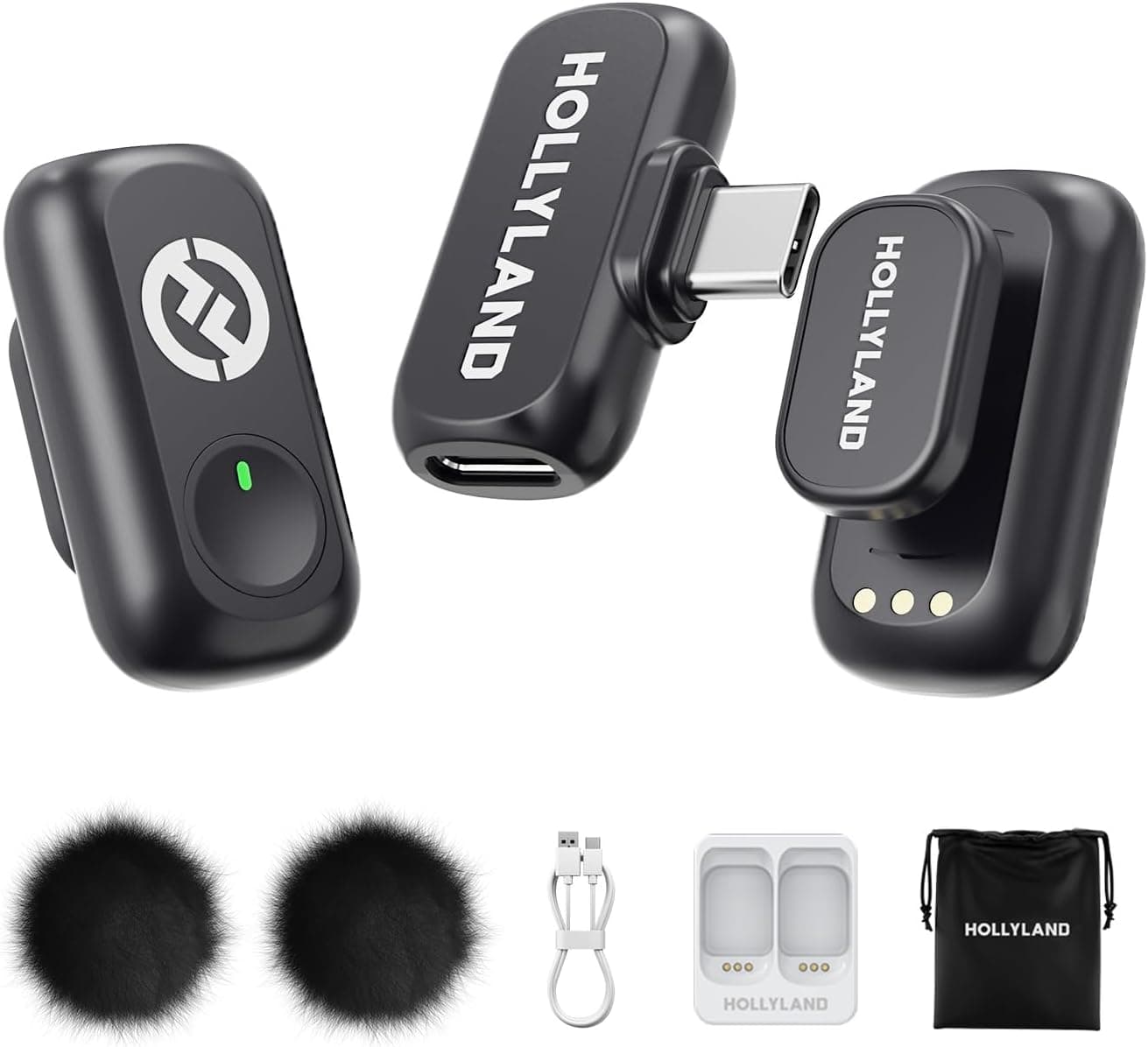 Hollyland Lark A1 Mini Duo - Mini microfone sem fios para iPhone 15/16 e Android (2 TX + USB-C RX), microfone magnético para Youtube, TikTok, podcasts e Vlogs (preto, sem estojo de carregamento)