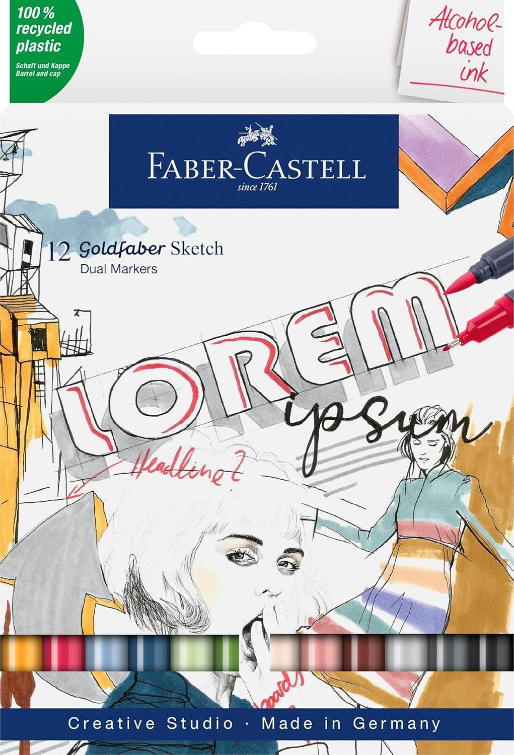 Faber-Castell Goldfaber Sketch Marker 164712 Estojo de 12 marcadores para esboços - cores sortidas, ponta do pincel e ponta fina