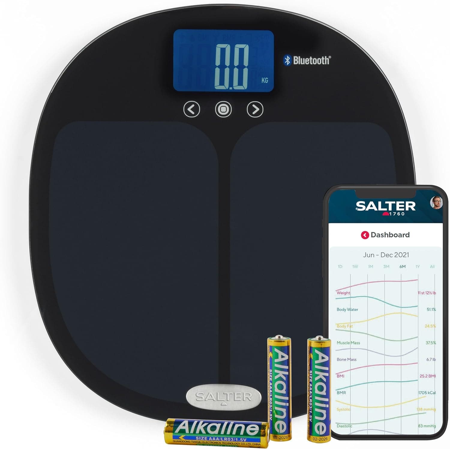 Salter 9192 BK3R Health Curve Balança de análise inteligente de casa de banho Bluetooth, mede o peso, gordura corporal / água, massa muscular/óssea, IMC, conexão ao smartphone através da aplicação