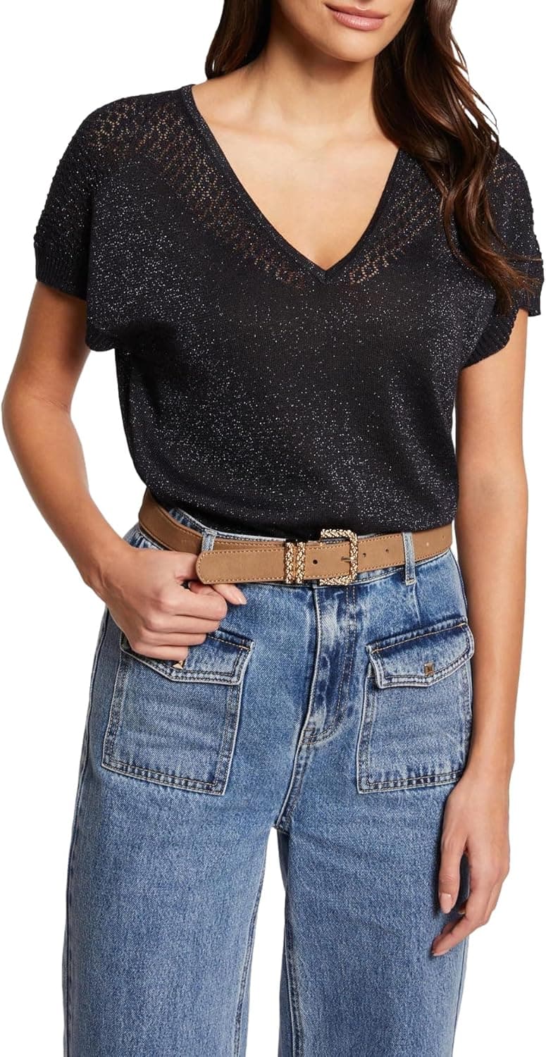 Morgan Tshirt Mulher | Decote em V, manga curta, fio metalizado e tom azul marinho