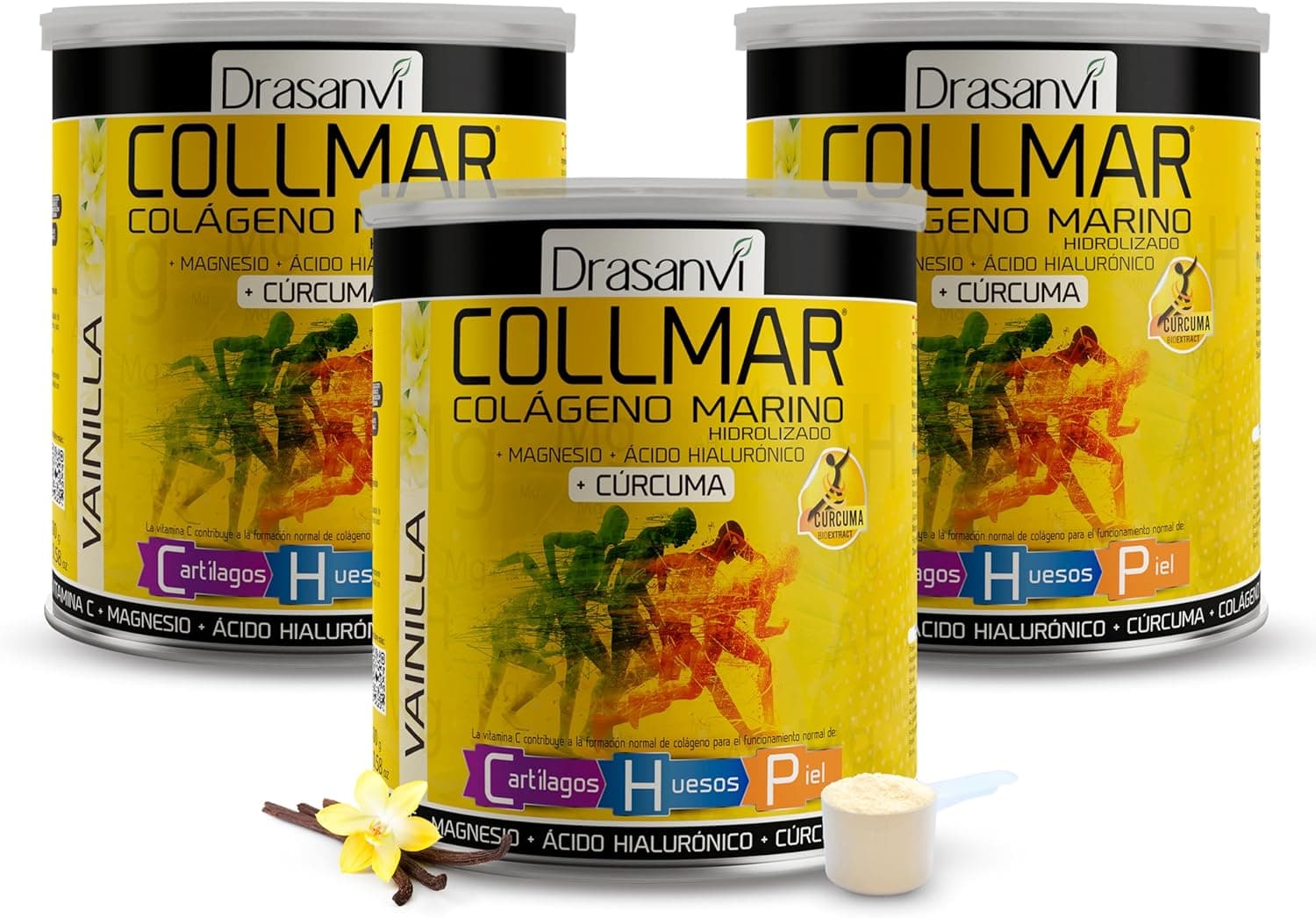 Drasanvi COLLMAR Colagénio marinho hidrolizado açafrão com magnésio, vitamina C, ácido hialurónico para bem-estar das articulações e músculos, assimilação 9,355 mg/dia, 3 x 300 g de pó, sabor baunilha