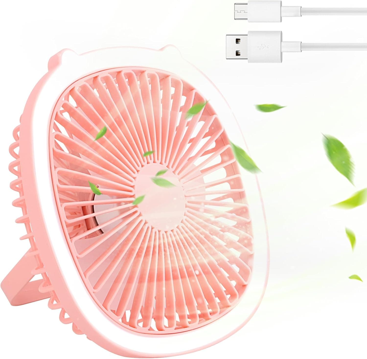 UKOFEW Camping ventilador com luz LED, ventilador de mesa USB recarregável, ventilador exterior portátil, ventilador de loja de 3 velocidades para casa, escritório, ginásio, pesca, campismo (rosa)