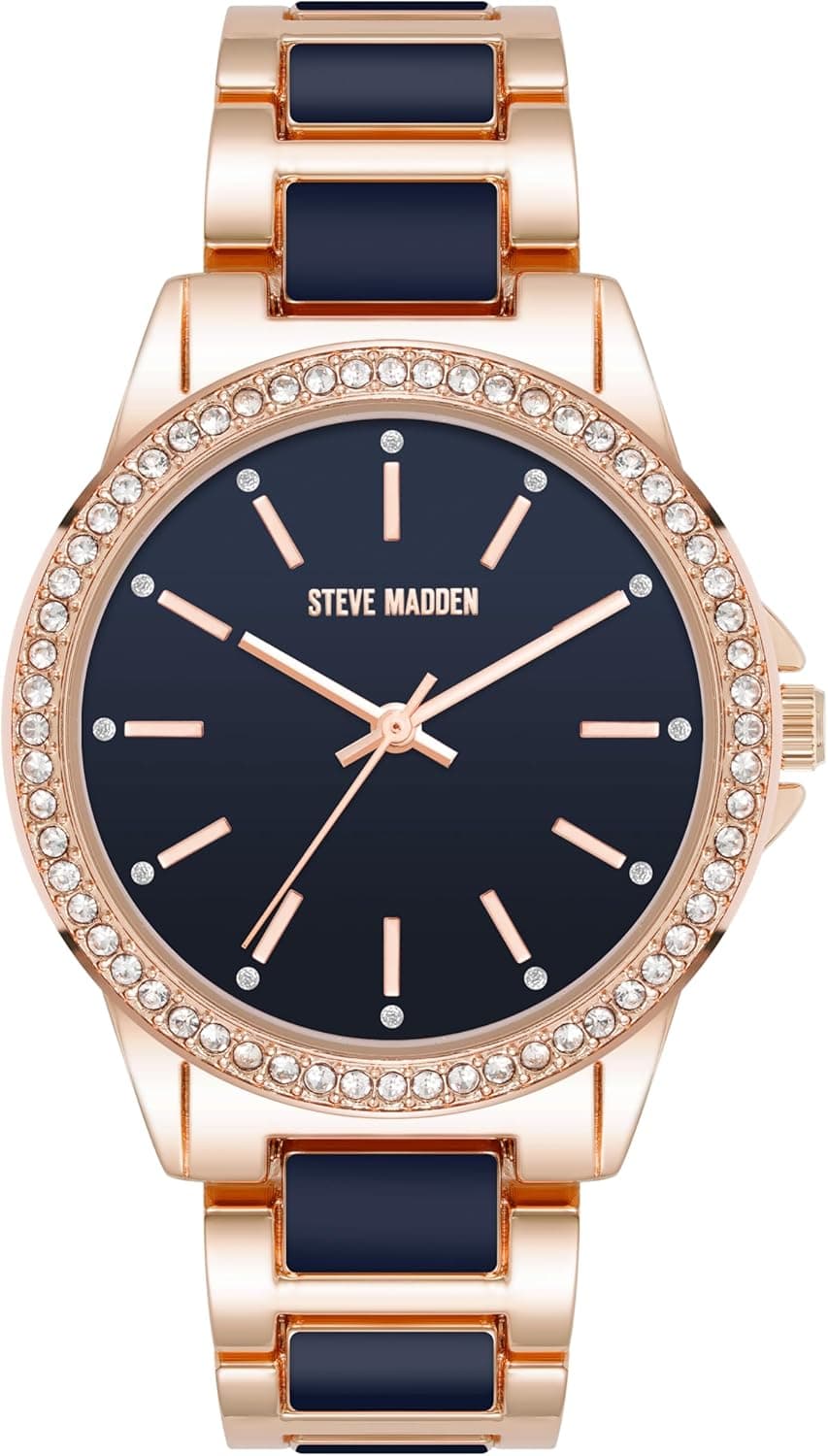Steve Madden | Relógio feminino com bracelete em cristal azul marinho e dourado rosa