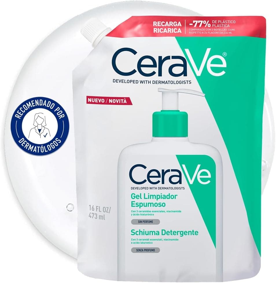 CeraVe Substituição de gel de limpeza espumoso, para pele normal a gordura, elimina o excesso de seebo, enriquecido com ceramidas essenciais, niacinamida e ácido hialurónico, adequado para rosto 