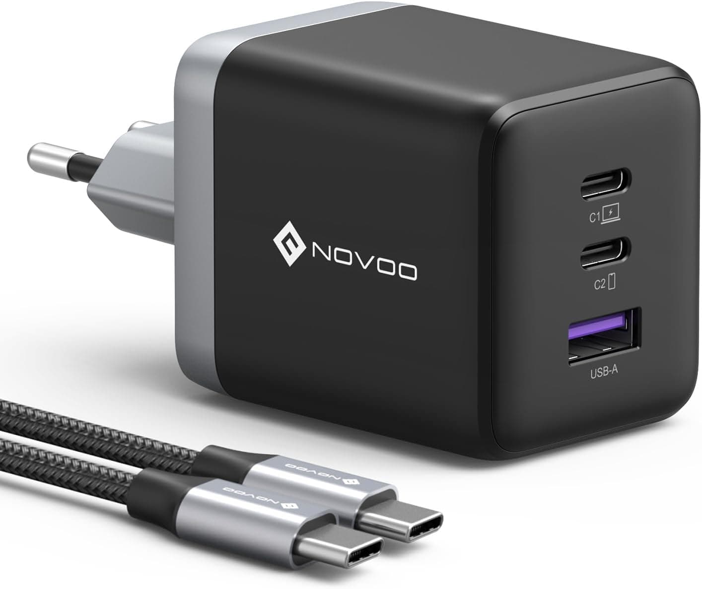 NOVOO 100W Charger | Carregador rápido GaN com 3 portas USB-C PD e cabo para portátil e tablet