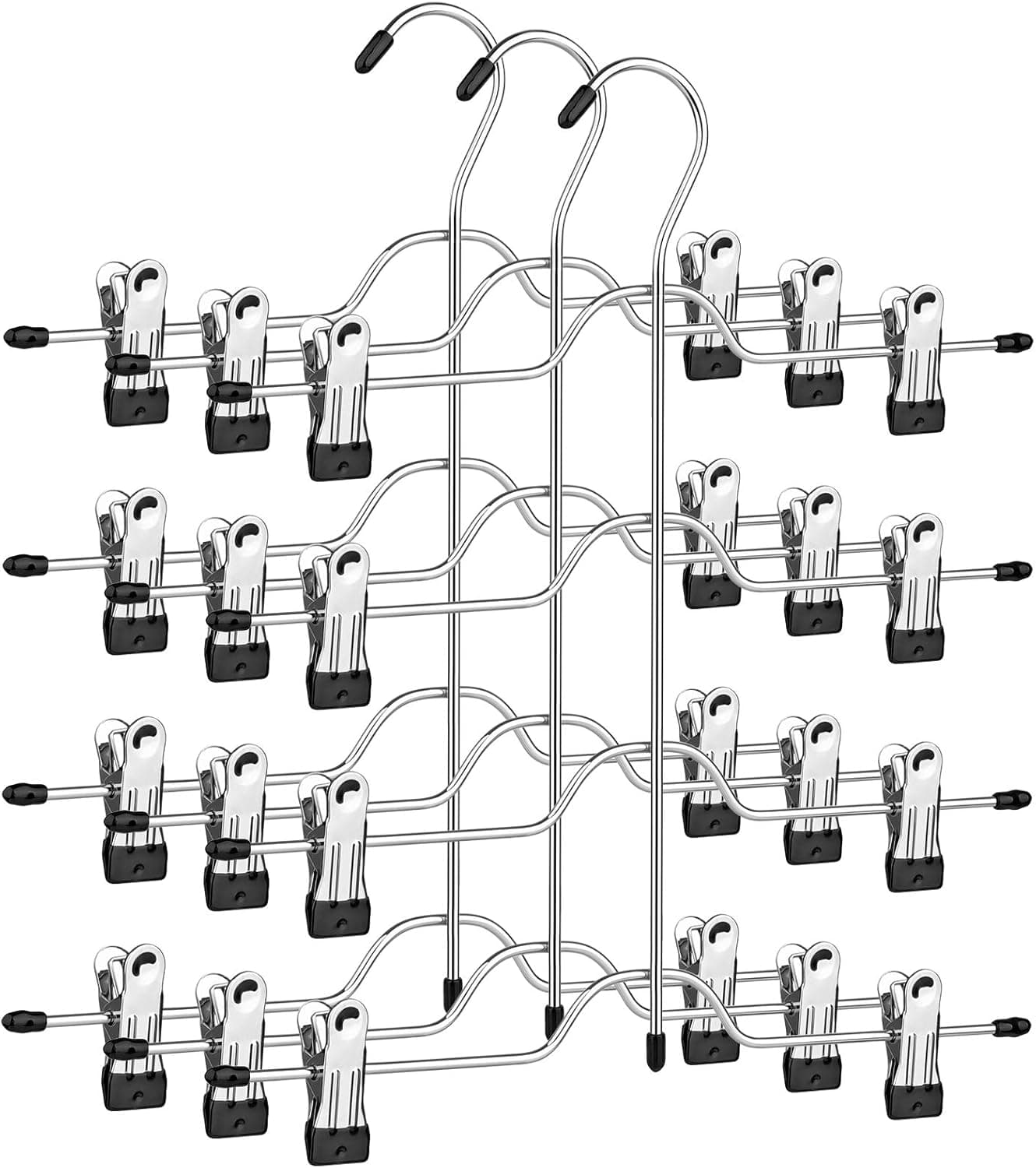SONGMICS Cabides para saia com clipes, conjunto de 3, metal de 4 camadas, com 8 pinças ajustáveis antiderrapantes, para calças, jeans, toalhas, curtos, 32 cm, prata e preto CRI042BK