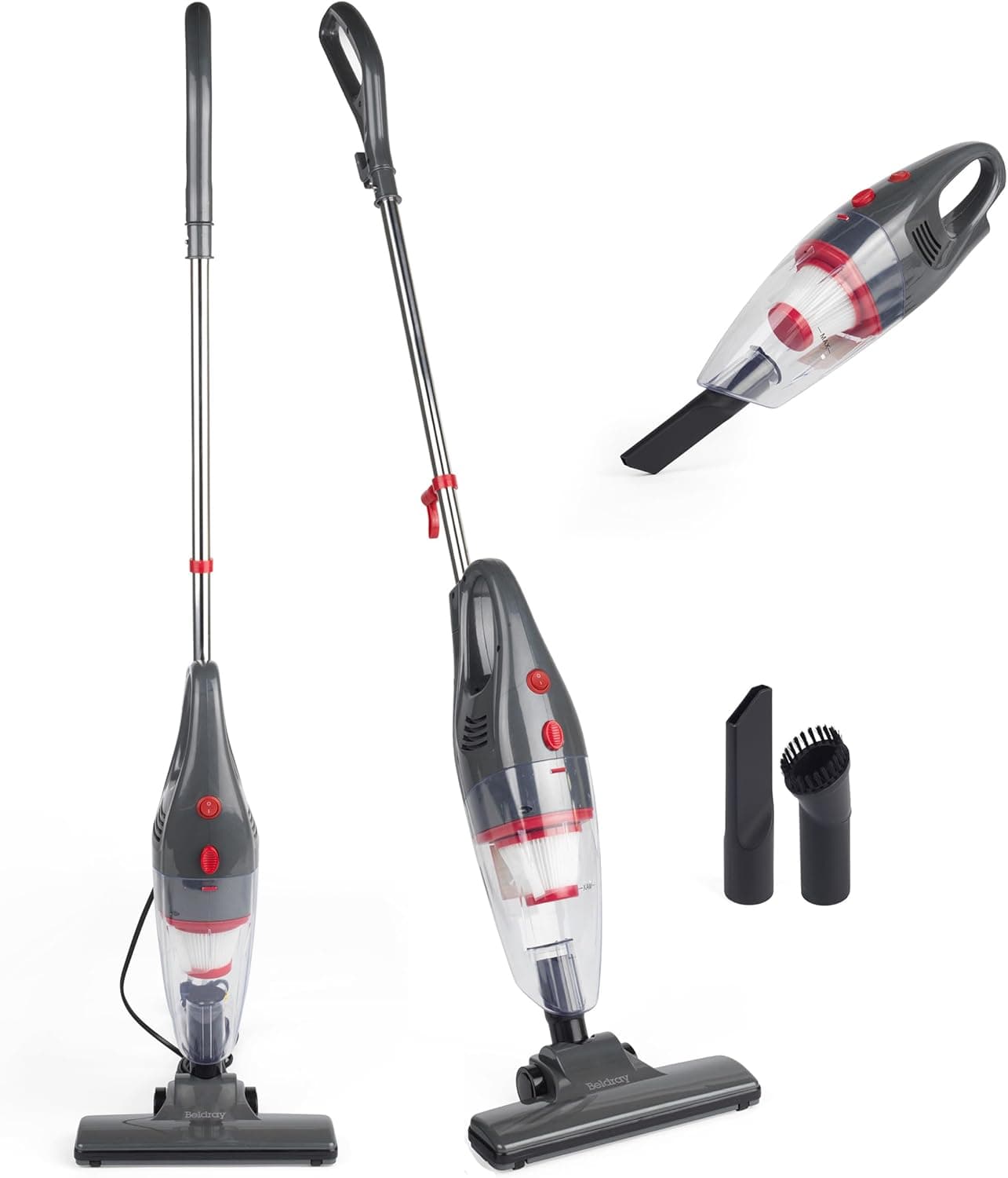 Beldray BEL0770N-GRY 2 em 1 Aspirador de Pó/Portátil Multifuncional, Todos os Pisos, Aspirador Leve, Aspirador Vertical Multi-Superfície, Bpoucesess, filtro de 1 L Depósito de Pó, 600 W, Ferramenta para Fendas/Escovas, g.