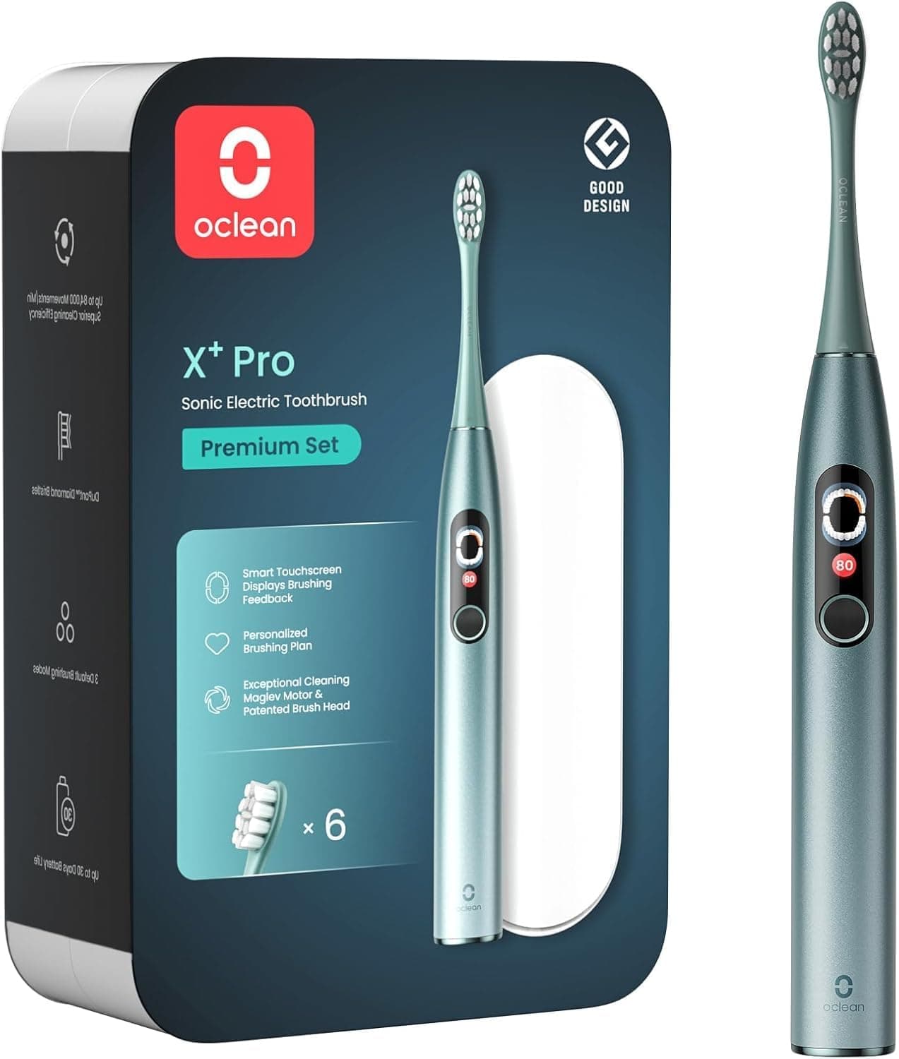 Oclean Escova elétrica sónica X Series Pro Gift Set, ecrã táctil inteligente, 32 níveis de intensidade, 3 modos, carregador 2 em 1, 30 dias, IPX7, 6 cabeças de escova, estojo de viagem, verde