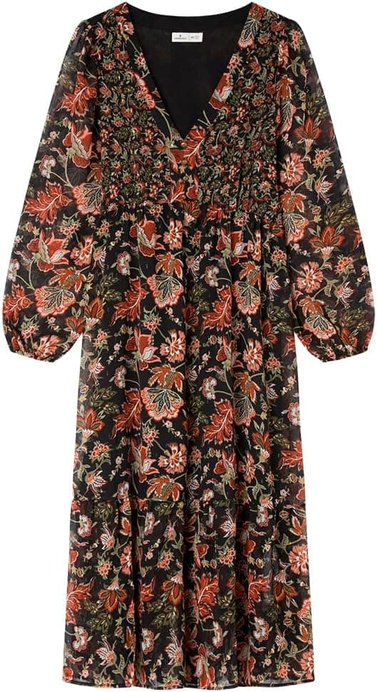 Springfield | Vestido midi em tecido com lúrex e detalhe em contraste no peito para mulher