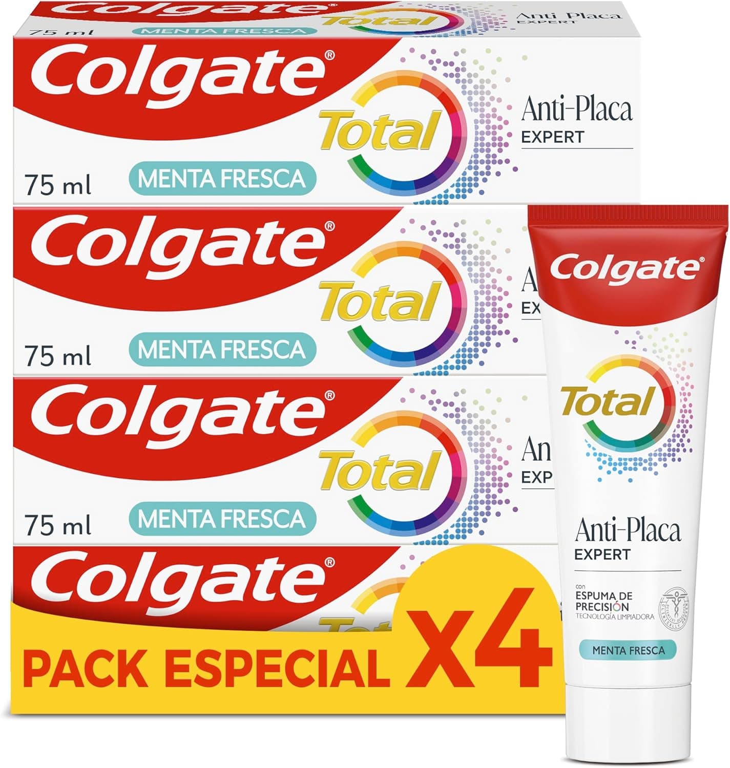 Total anti-placa pert hortelã fresca (pack de 4 x 75 ml), pasta de dentes que elimina a placa que danifica as gengivas e neutraliza o seu efeito prejudicial