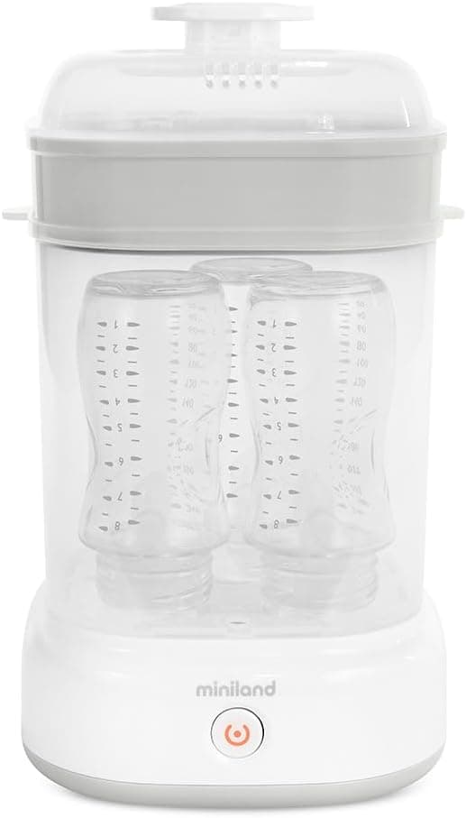 Miniland - Mini esterilizador a vapor Steamy, grande capacidade, para biberões, chupetes e tetinas, unissexo, adequado para máquina de lavar louça, automático, sem químicos, cor branca