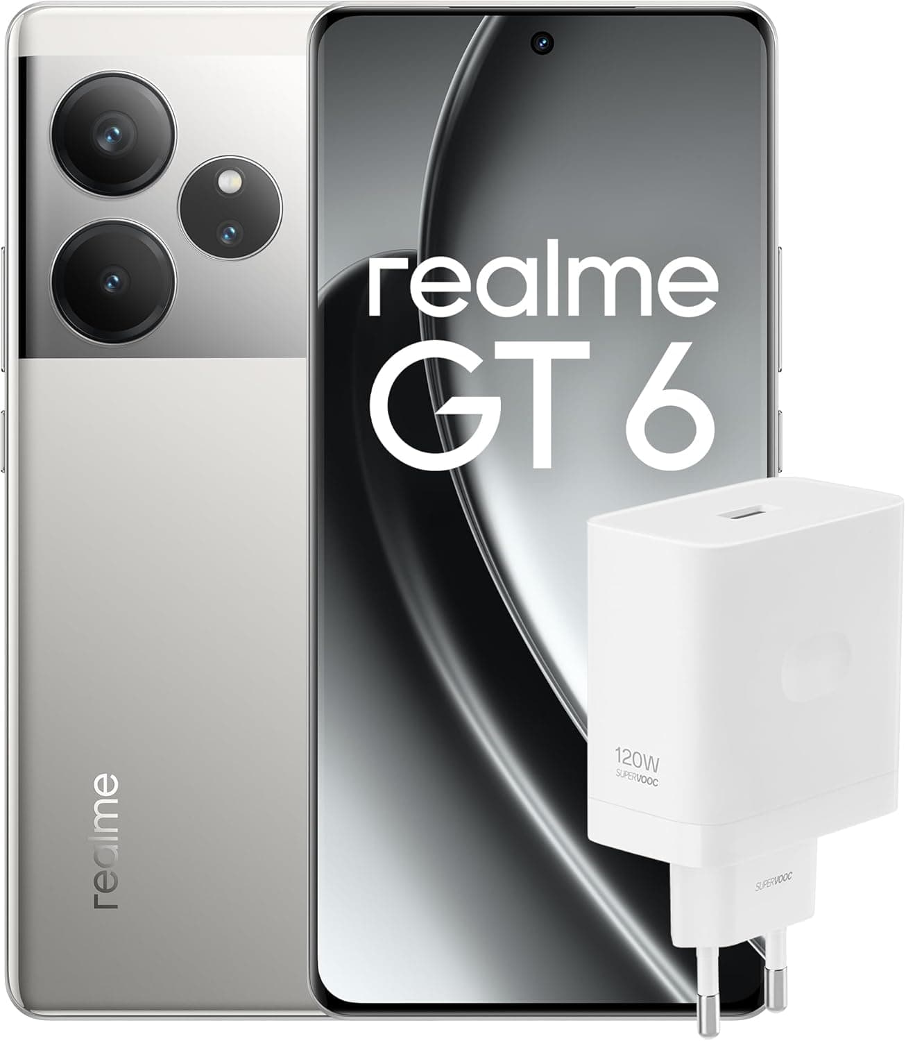 realme Smartphone GT6 256 GB 8 GB Fluid Silver EU SUPERVOOC 120 W Power Adapter White