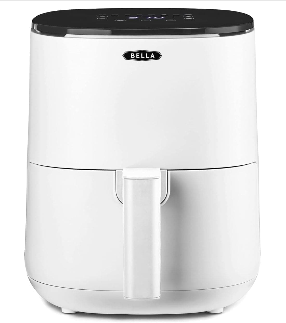 BELLA Fritadeira de ar com ecrã tátil de 3 l, sem pré-aquecimento, sem óleo, frigideira antiaderente e bandeja para elementos crocantes adequados para máquina de lavar louça, cor branca mate