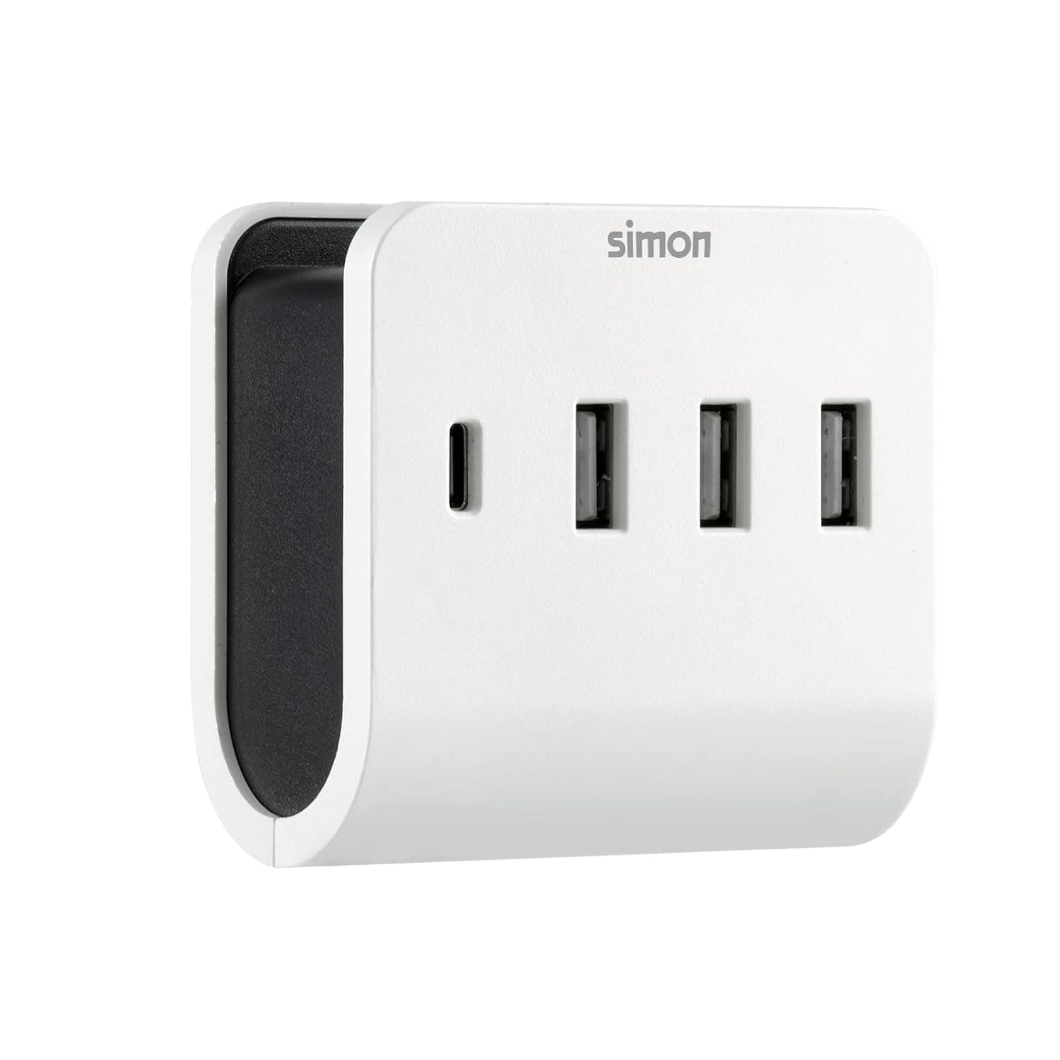 SIMON - Adaptador com suporte, carregador múltiplo com 4 portas USB (3 A 1 C), 4,8 A, suporte para smartphone e Smart Charge, cor branca e preta