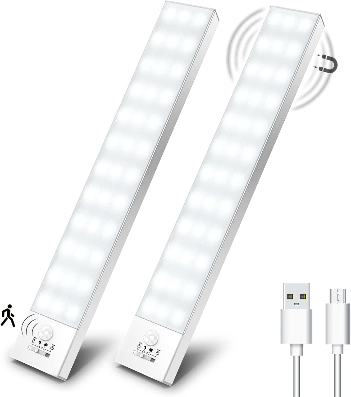 OUILA Luz LED armário com sensor movimento branco natural 5000 K 36 LEDs 4 modos luz LED magnética autocolante USB recarregável 1000 mAh luz noturna para guarda-roupa, vitrine, 2 peças
