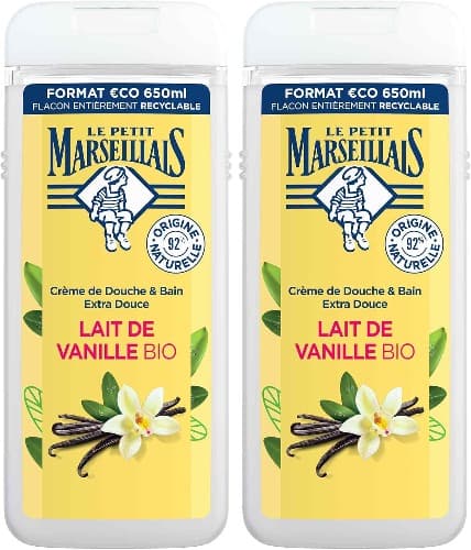 Le Petit Marseillais Gel de duche corporal extra macio, leite de baunilha BIO, hidratação e nutrição para pele sensível, com ingredientes naturais e embalagem reciclável e recarregável, 650 ml x2