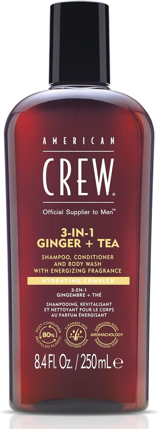 American Crew 3 em 1 Chá de gengibre, champô, condicionador e gel de duche para cabelo e corpo (250 ml), revitalizante e hidratante, energizing