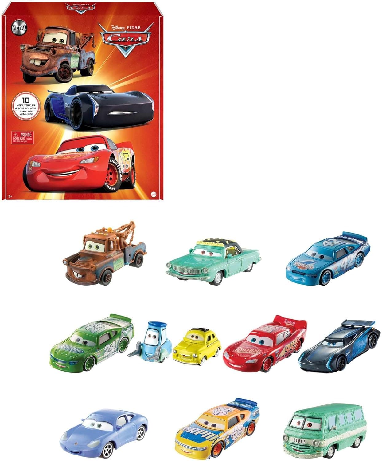Mattel Disney Pixar Cars Pack de 10 carros de brinquedo, inclui raios McQueen, inspirados nos filmes de "Carros", brinquedo de 3 anos (HBW15)