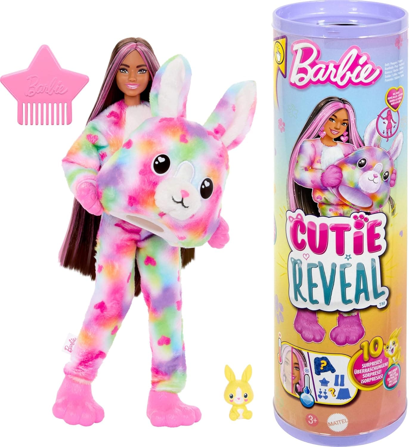 Barbie Cutie Reveal Sonhos coloridos, boneca com disfarce de coelho e acessórios surpresa, muda detalhes do rosto e do animal de estimação com água fria, brinquedo presente para meninos e meninas +3