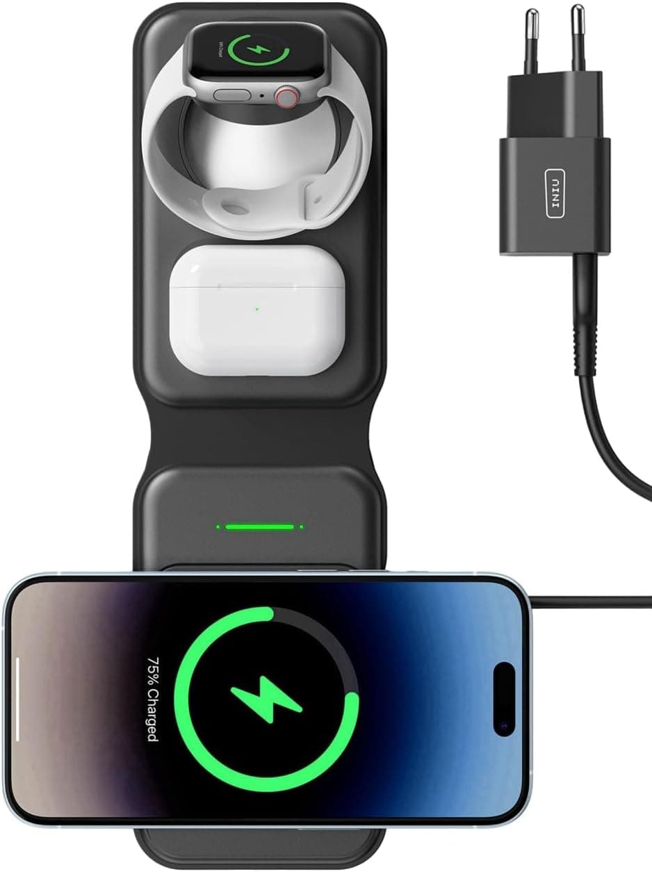INIU Carregador sem fios de viagem 3 em 1, base de carregamento Magsafe 15 W carregamento rápido