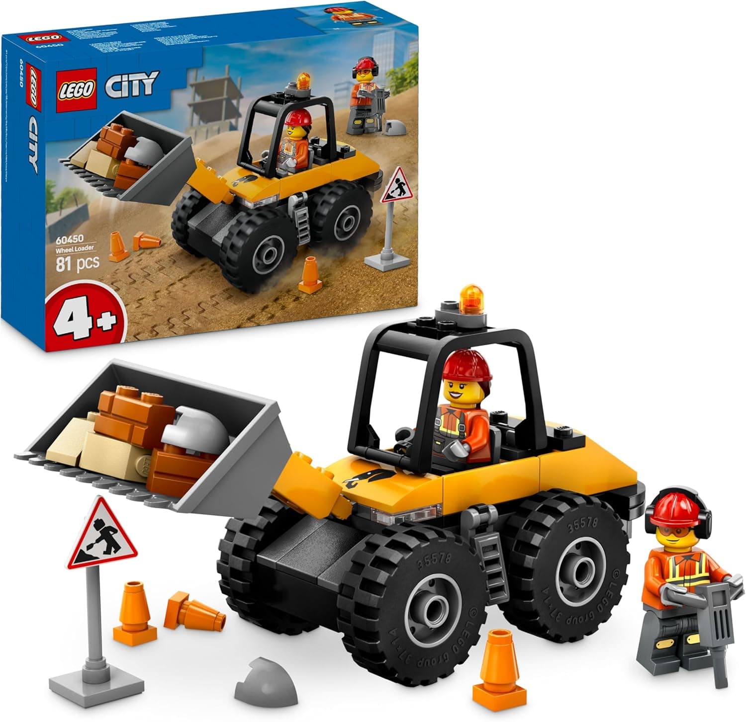 LEGO Carregadora com rodas amarela veículo de construção e obra, escavadora de brinquedo, presente Montessori para meninos e meninas de 4 anos ou mais, 2 minifiguras de trabalhadores e acessórios