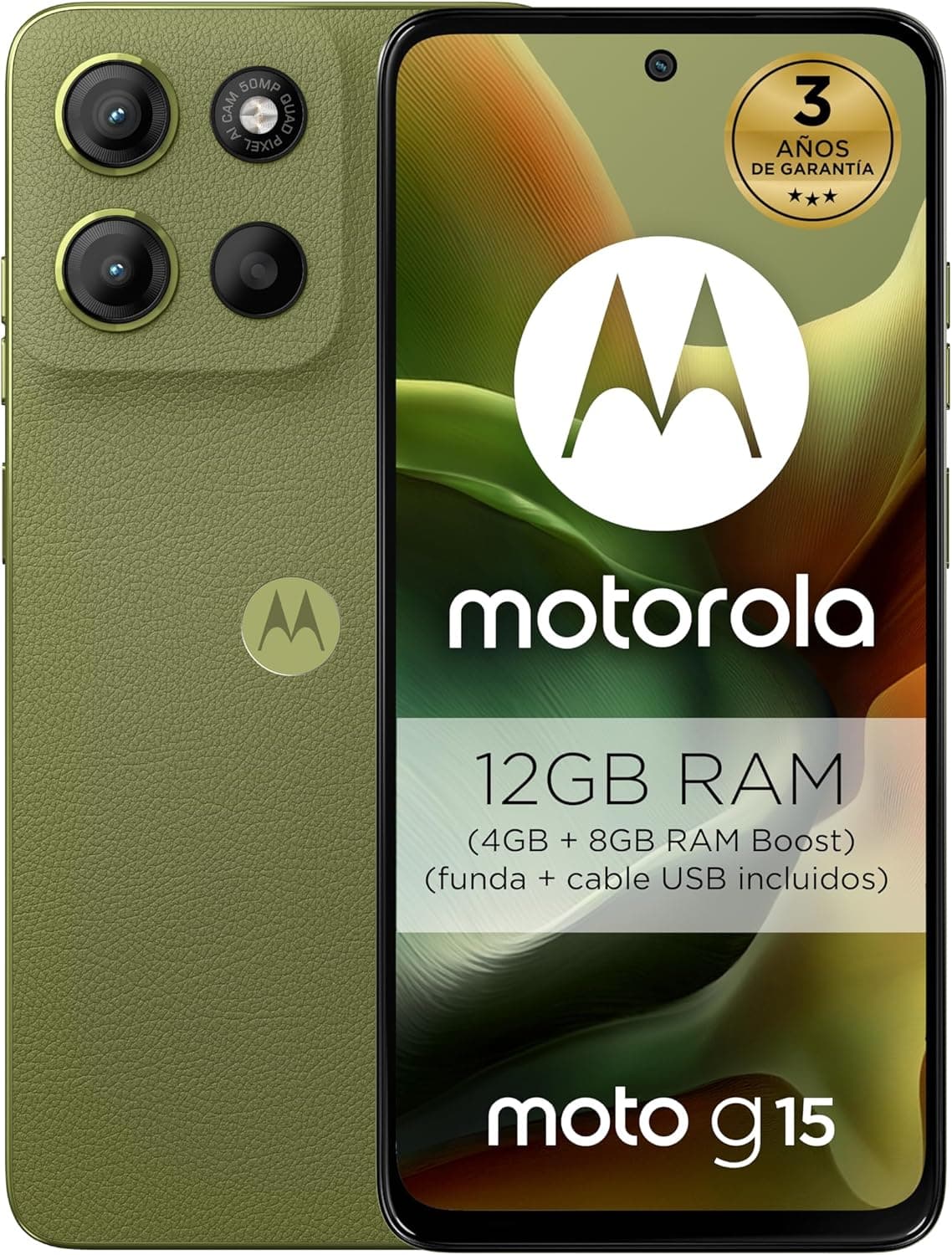 motorola Moto g15 12 GB (4 GB + 8 GB RAM Boost)/128 GB verde, Espanha, ecrã FHD+ de 6,72", sistema de câmaras de 50 MP e lente ultra grande angular, bateria de 5200 mAh, carregamento TurboPower™,