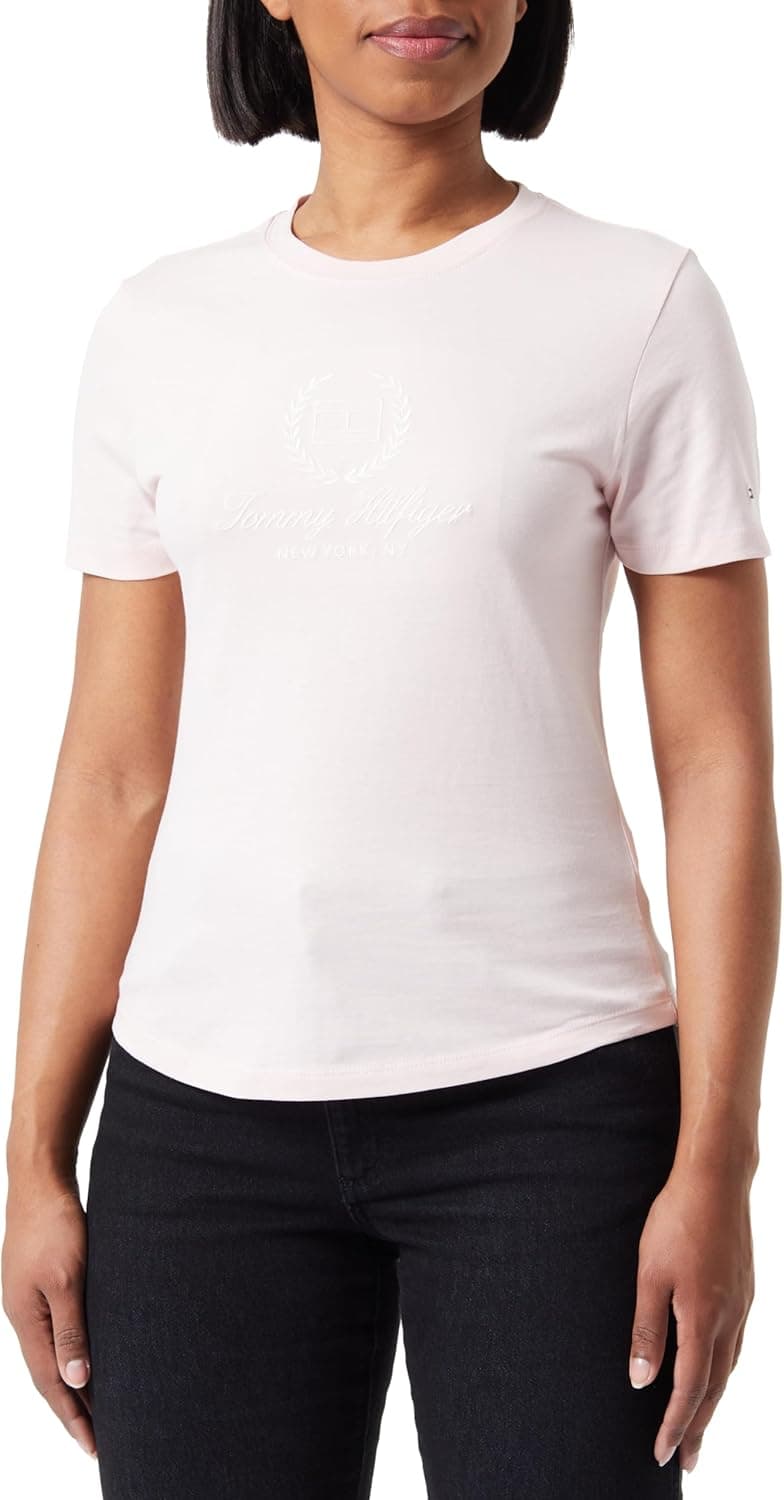 Tommy Hilfiger T-shirt de manga curta para mulher Slim Flag Tee decote redondo