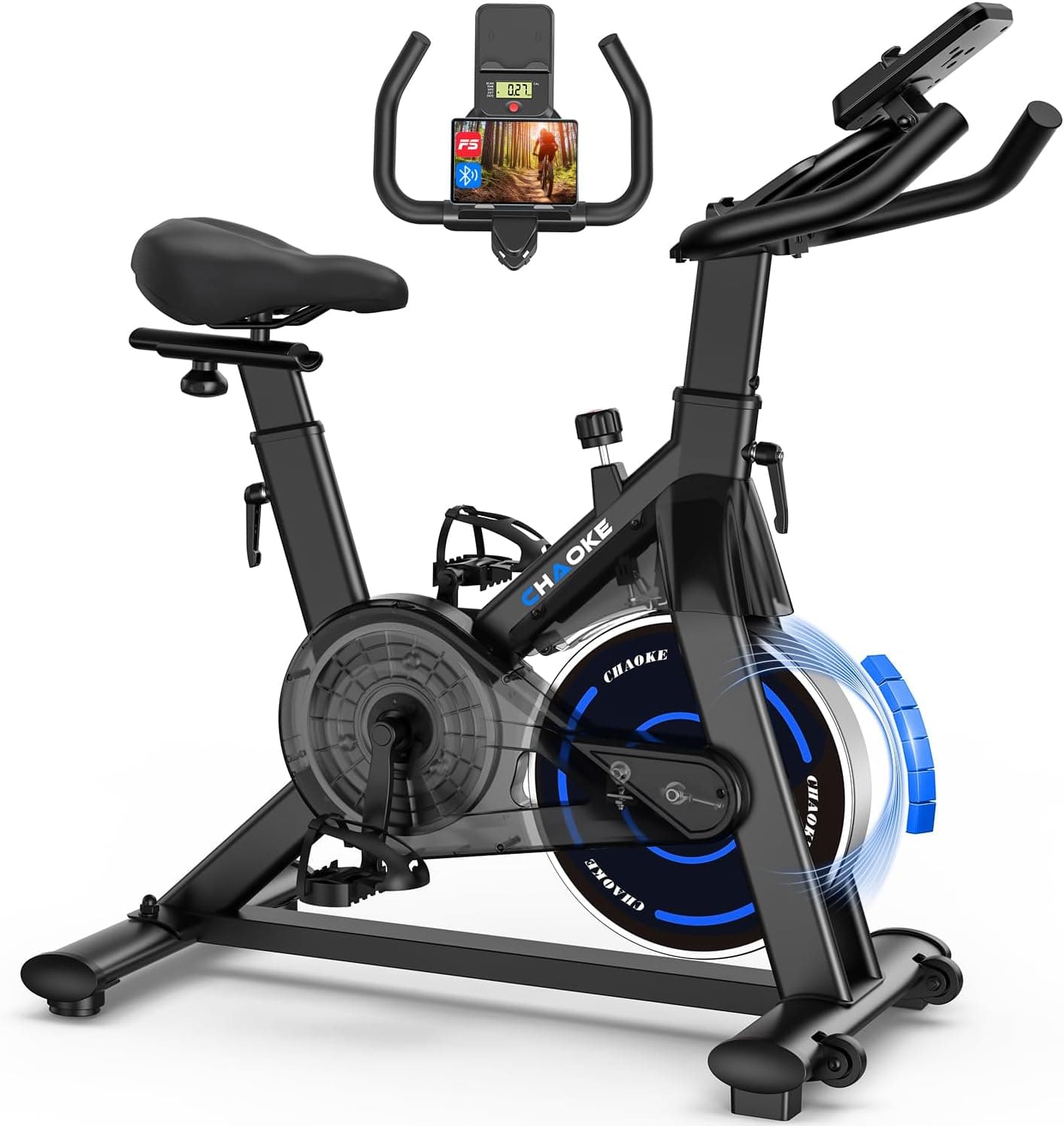 Bicicleta de exercício CHAOKE com aplicação, bicicleta giratória com resistência magnética super silenciosa de 10 dB, assento macio e respirável e visor LED, máx. 150 kg