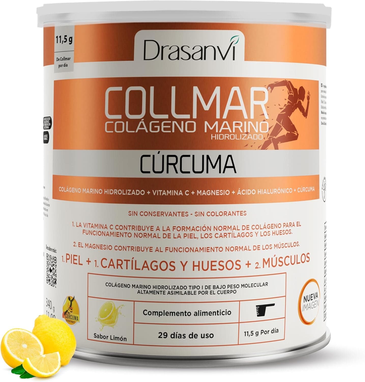Drasanvi Collmar Sea Collagen | Colagénio hidrolisado em pó com curcuma, magnésio, vitamina C e ácido hialurónico sabor limão, 340 g