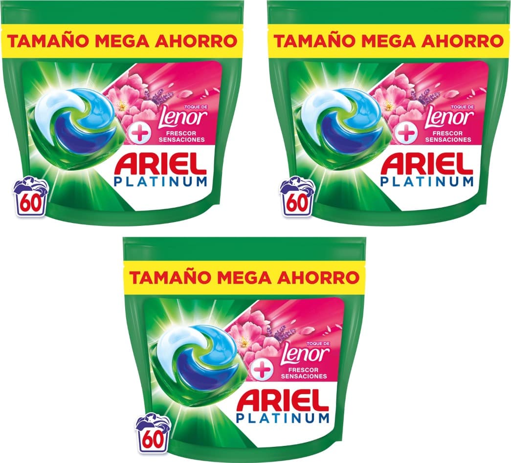Ariel PODs Platinum, detergente líquido em cápsulas Frescor sensações cápsulas, 60 lavagens x 3