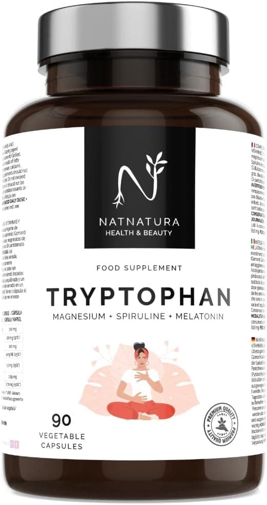 Triptófano com magnésio e vitamina B6 melatonina e espirulina. STOP insónia, melhora o seu descanso, eleva o seu humor e subtraia o stress no seu dia-a-dia. 90 cápsulas de legumes
