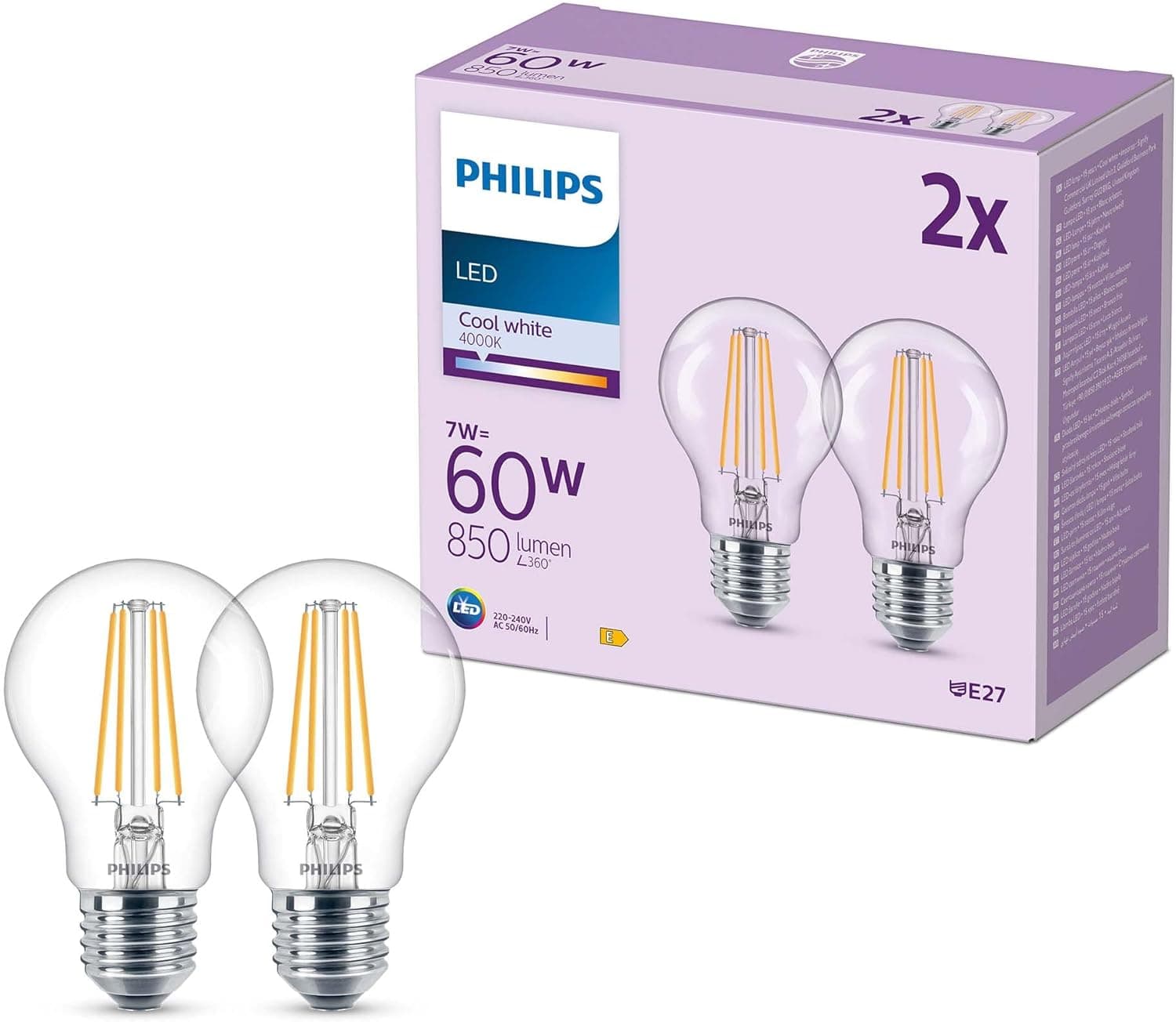 Philips Lâmpada LED clássica transparente de 7 W (Eq. 60 W) 850 lúmenes, casquilho E27, luz fria (4000 K) - conjunto de 2 lâmpadas